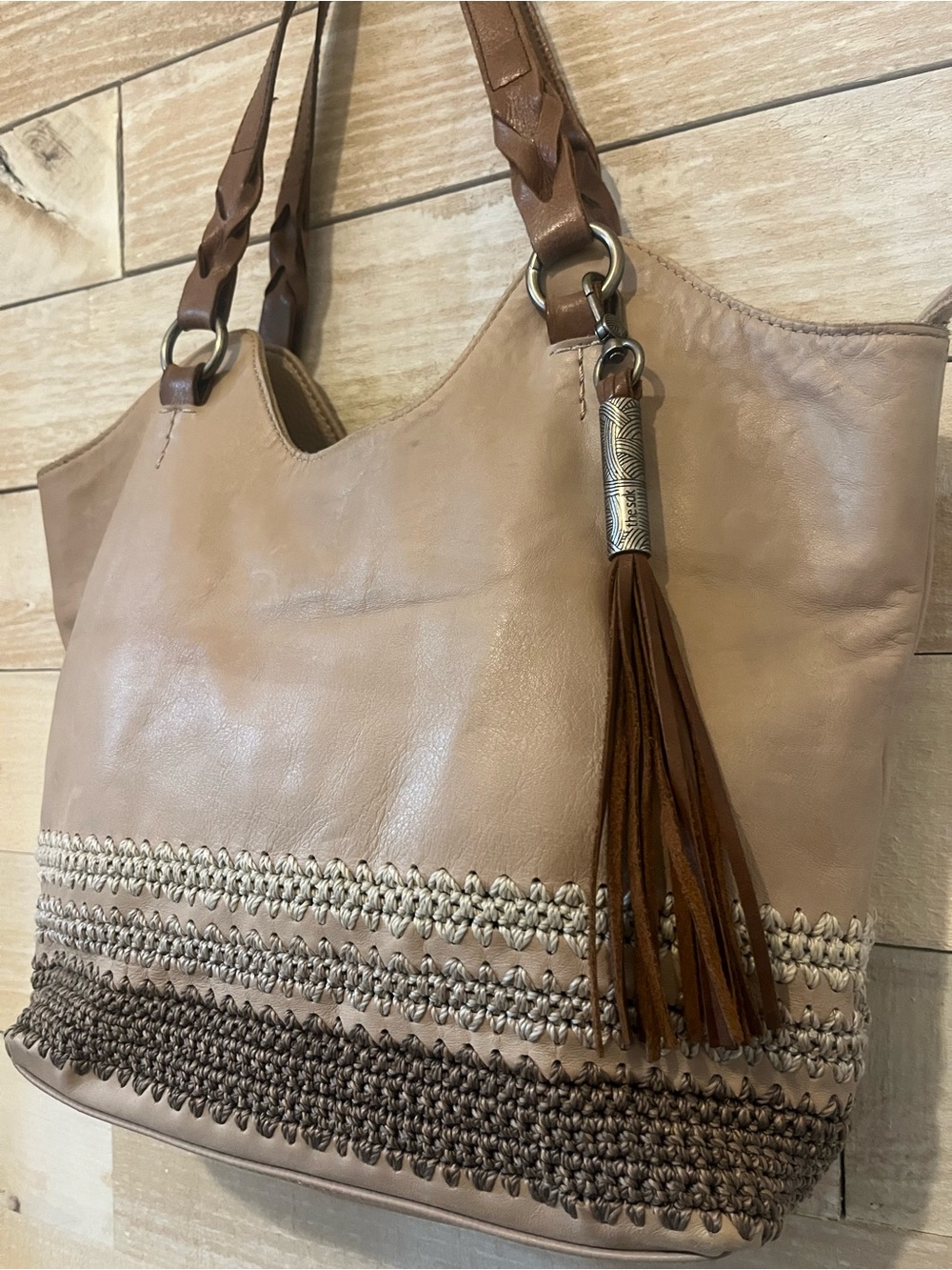 The Sak Taupe Tote with Brown Tassel and Braided Trim Minimalist Neutral - Picture 3 of 11